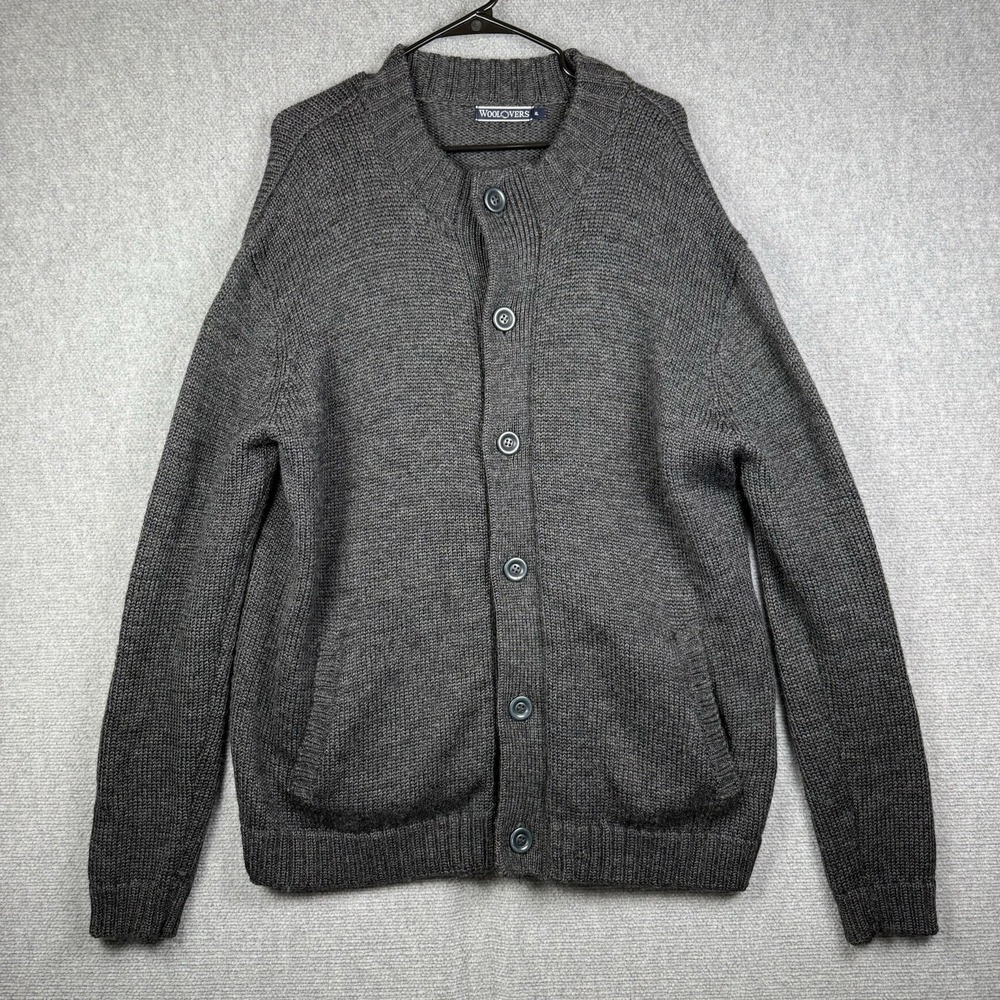 WoolOvers Sweater Mens XL Gray 100% British Wool Button Cardigan Zip Pockets